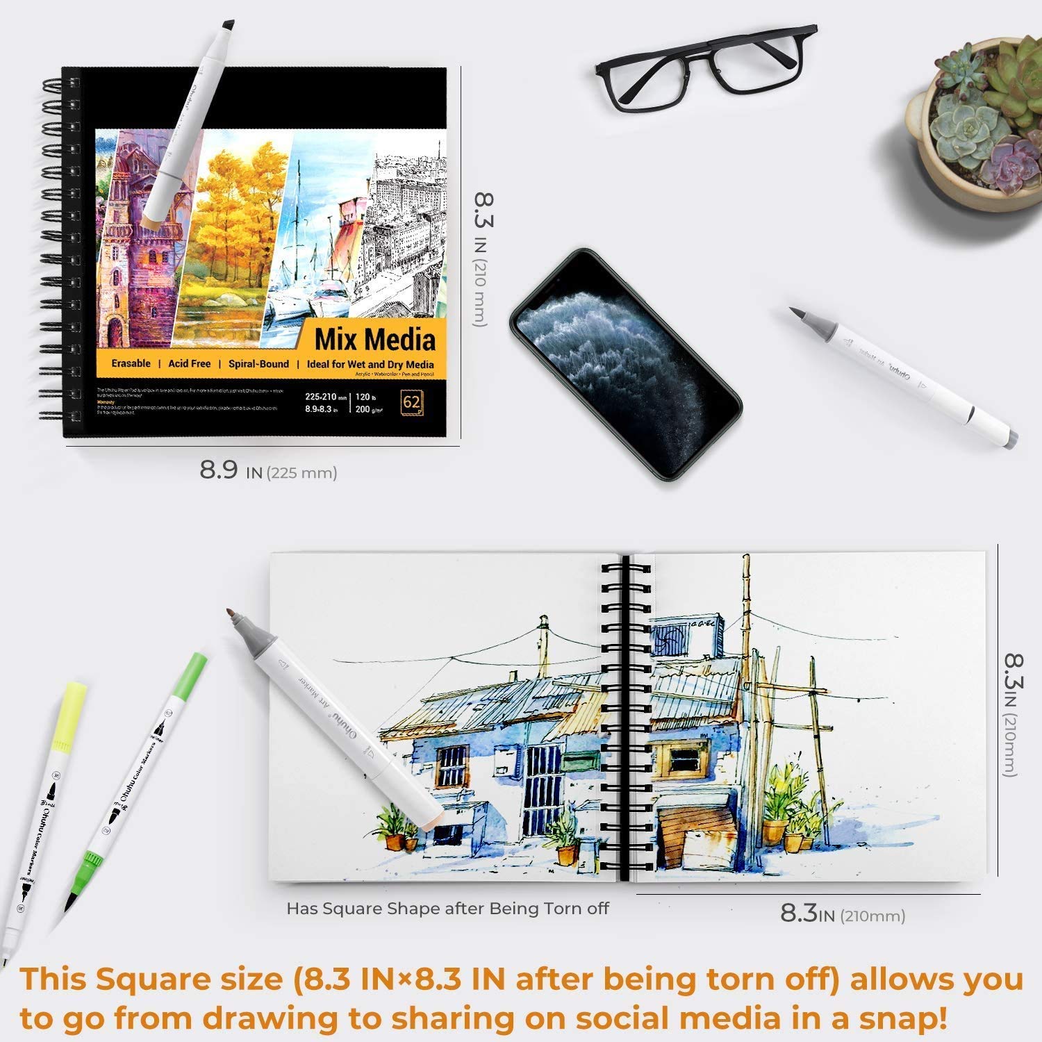 Ohuhu Mixed Media Art Sketchbook 120 LB/200 GSM Heavyweight 124 Pages