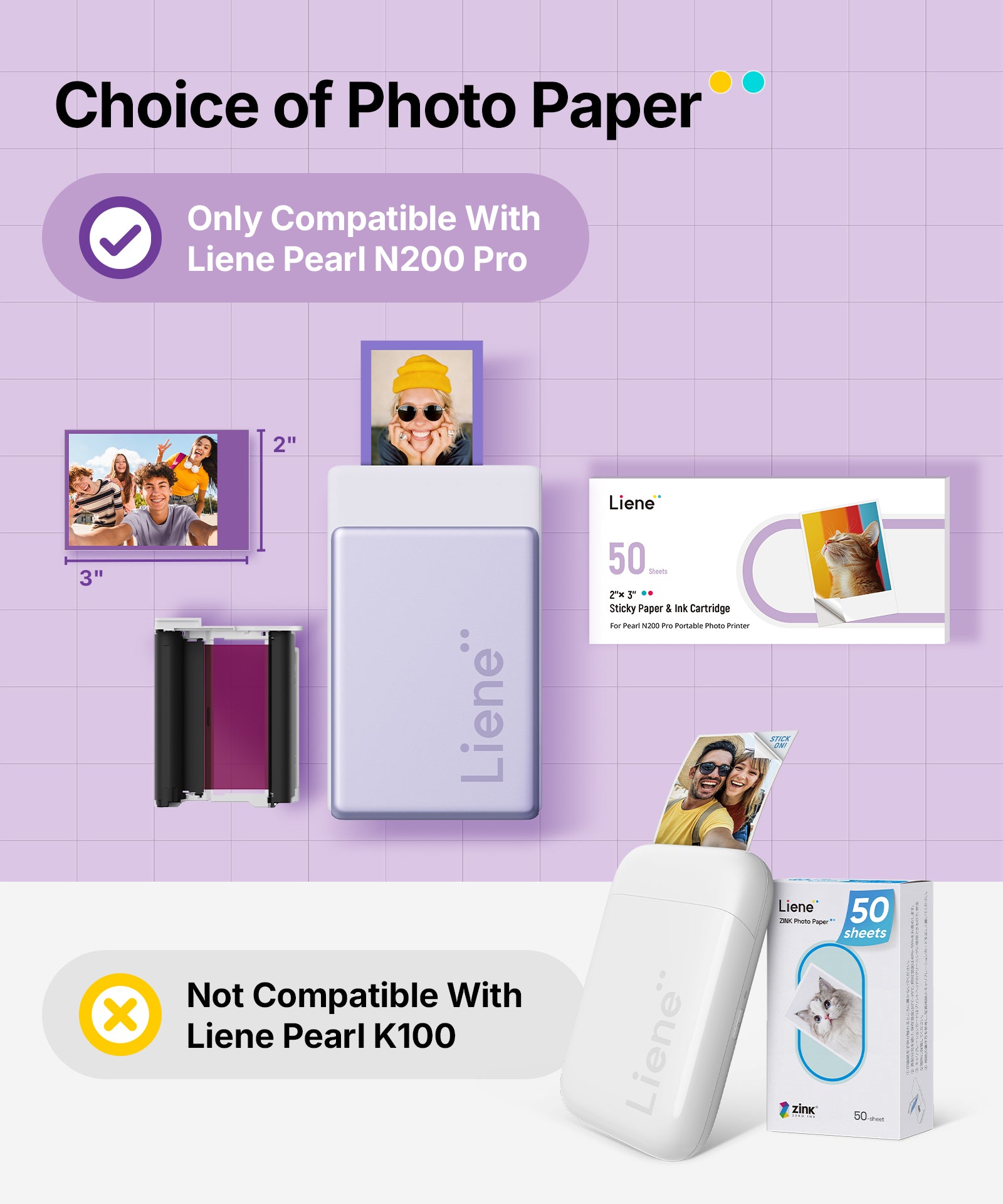 Liene Pearl N200 Pro Refill Pack 2x3" Dye-Sublimation Photo Paper 50 Sheets 5 Cartidges