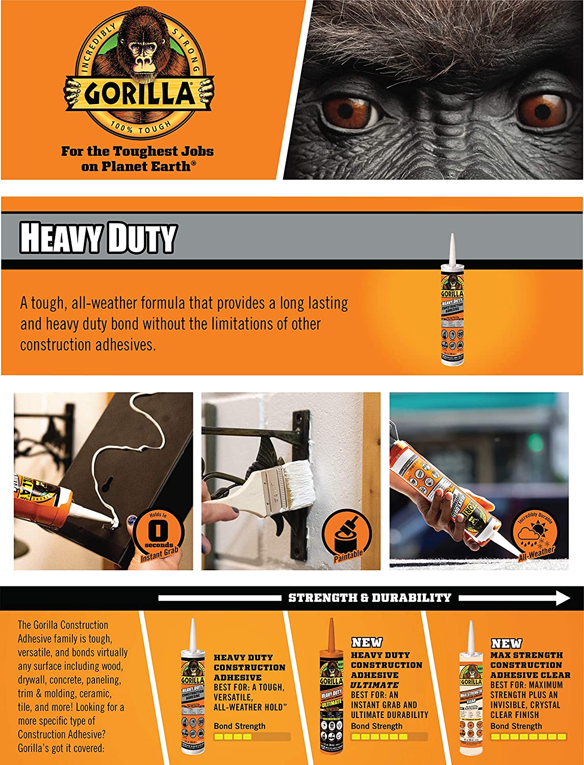 Gorilla Heavy Duty Regular/Ultimate Construction Adhesive, 9 oz/266ml White Cartridge