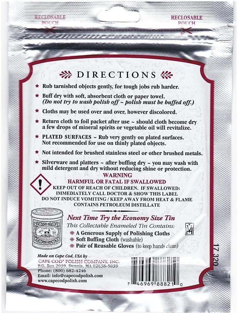 Cape Cod Metal Polishing Cloths Foil Pouch 0.53oz, Stainless Steel