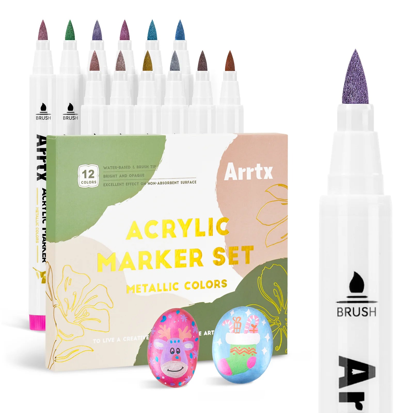 Arrtx 12 Metallic Colors Acrylic Marker Soft Brush Tip