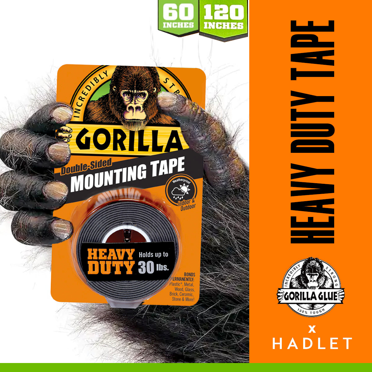 Gorilla Heavy Duty Double Sided Mounting Tape, 1 x 60/120 inches, Black Industrial Strength