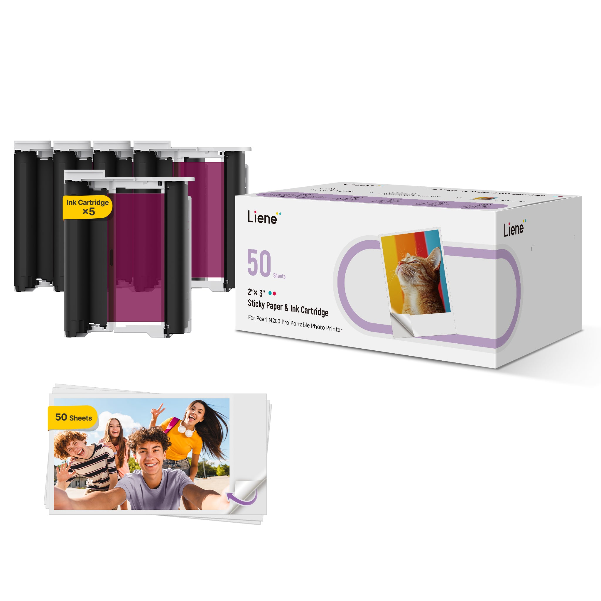 Liene Pearl N200 Pro Refill Pack 2x3" Dye-Sublimation Photo Paper 50 Sheets 5 Cartidges