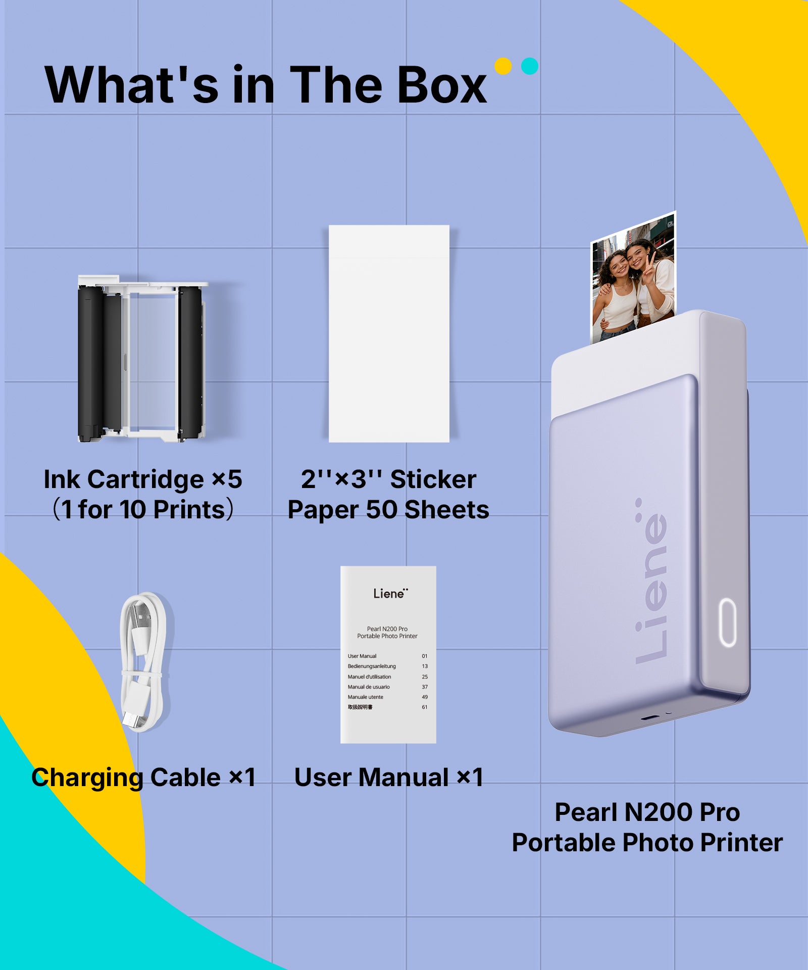 Liene Pearl N200 Pro Portable Photo Printer Purple – 2x3 Inch Bluetooth Sticker Printer 50 Adhesives