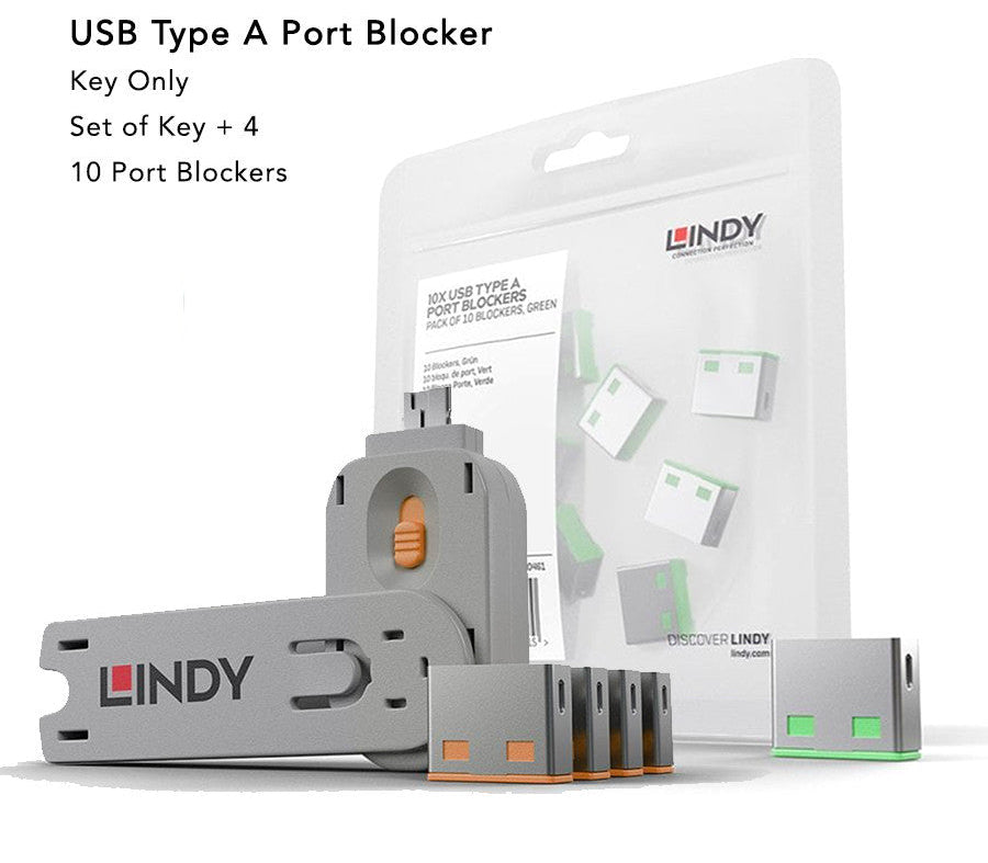 Lindy USB-A Port Blockers | Colour-Coded Lock & Key Sets | Blue Pink Green Orange White