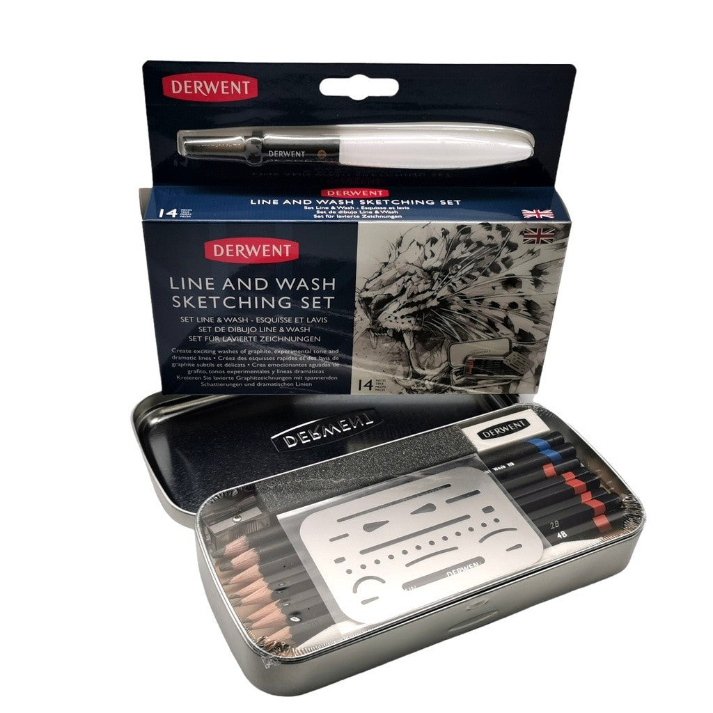 Derwent Line & Wash Sketching Set 14pc Graphic Pencils - Portable Lightweight Silver Tin