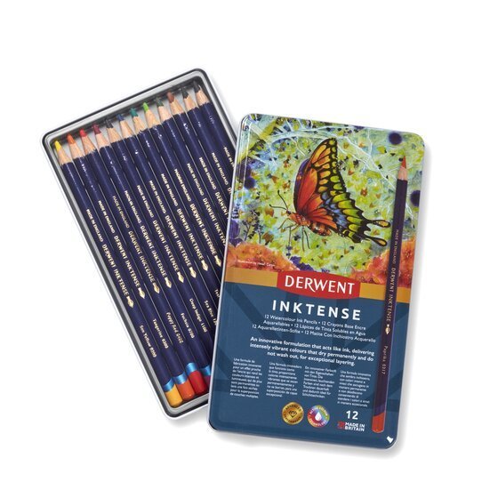 Derwent Inktense Colour Pencils Tin (12 Colours) Ink-Like Water-Soluble Pencils