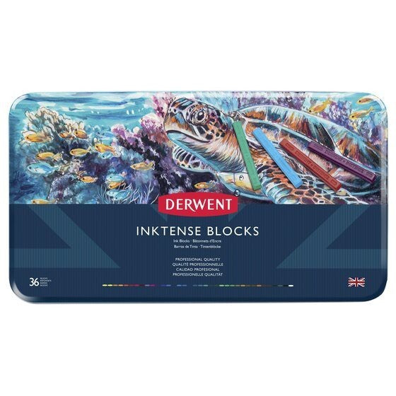 Derwent Inktense Blocks Tin (36 Colours) Water-Soluble Ink Blocks Bold Colour Laydown