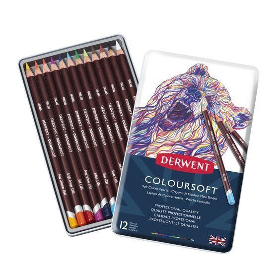 Derwent Coloursoft Colour Pencils Tin (12 Colours) Ultra Soft Core, Highly Blendable