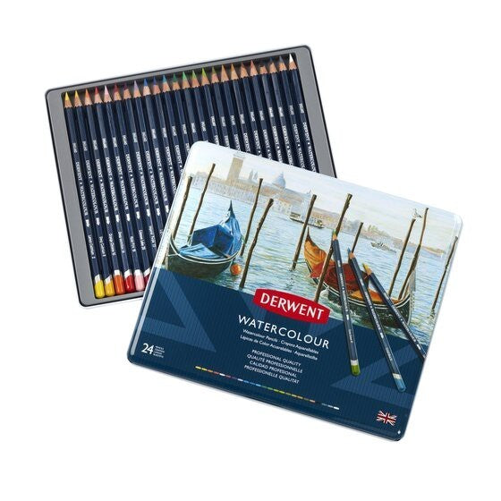 Derwent Watercolour Pencils Tin (24 Colours) Water-Soluble Blendable Artist Set