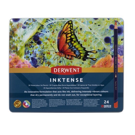 Derwent Inktense Colour Pencils Tin (24 Colours) Ink-Like Water-Soluble Pencils