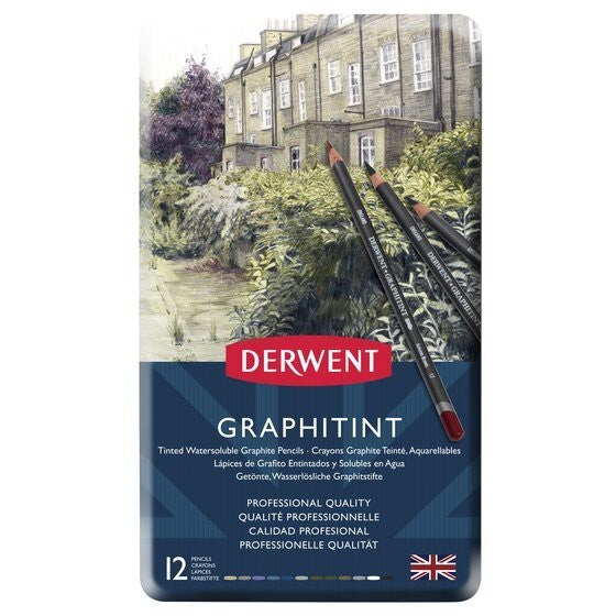 Derwent Graphitint Colour Pencils Tin (12 Colours) Water-Soluble Graphite Pencils