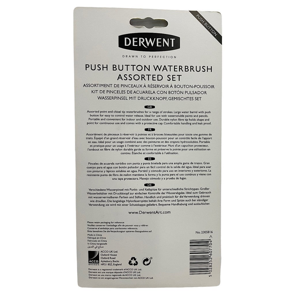 Derwent Push Button Waterbrush Set 4pc Assorted Tips - Portable Easy to Carry Lightweight