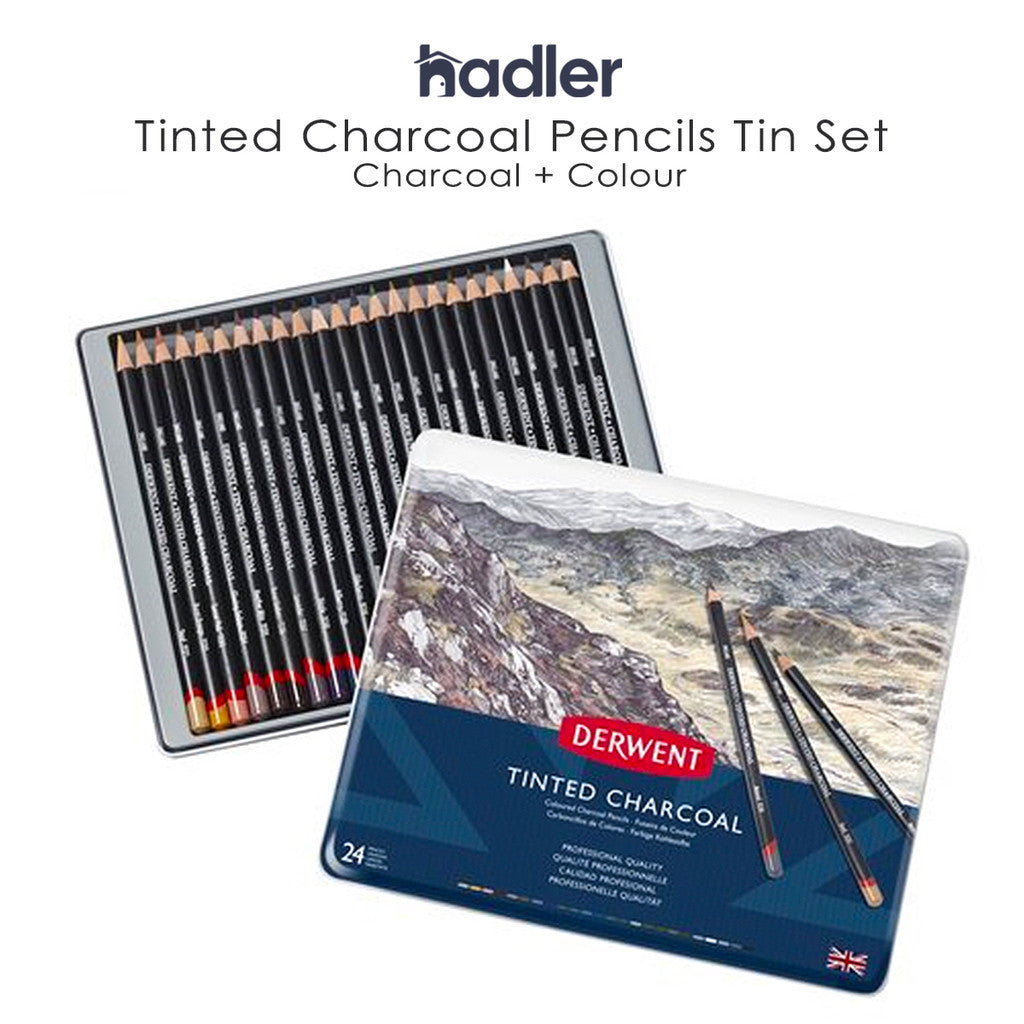 Derwent Tinted Charcoal Pencils Tin (24 Colours) – Charcoal with Blendable Subtle Colour