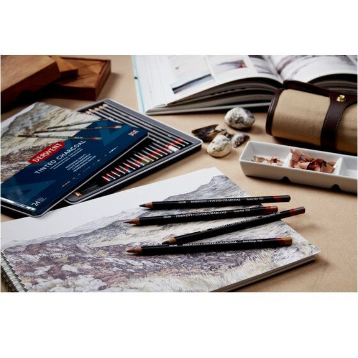 Derwent Tinted Charcoal Pencils Tin (24 Colours) – Charcoal with Blendable Subtle Colour