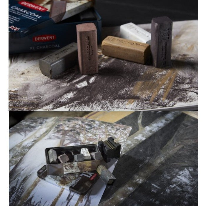 Derwent XL Charcoal 6-Colour Tin Set - Water-Soluble Blocks Large Surface Coverage