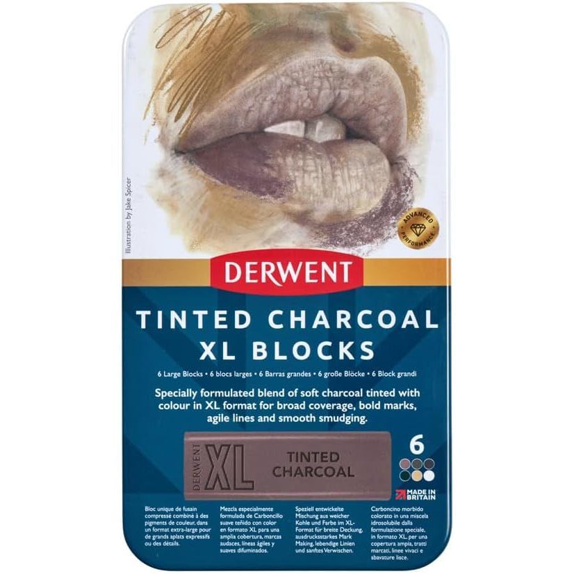 Derwent XL Charcoal 6-Colour Tin Set - Water-Soluble Blocks Large Surface Coverage