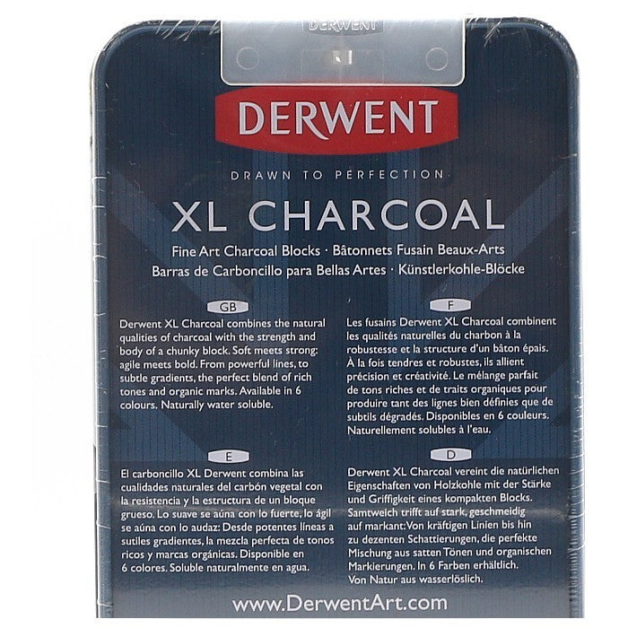 Derwent XL Charcoal 6-Colour Tin Set - Water-Soluble Blocks Large Surface Coverage