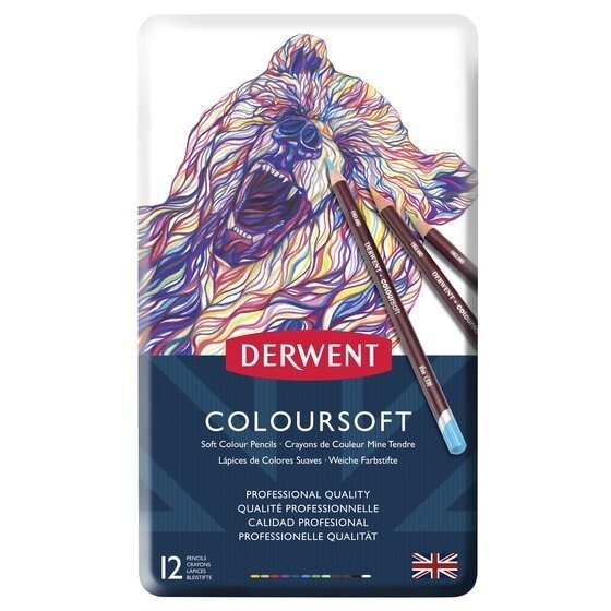 Derwent Coloursoft Colour Pencils Tin (12 Colours) Ultra Soft Core, Highly Blendable