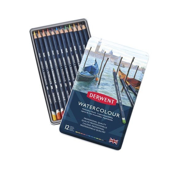 Derwent Watercolour Pencils Tin (12 Colours) Water-Soluble Blendable Artist Set