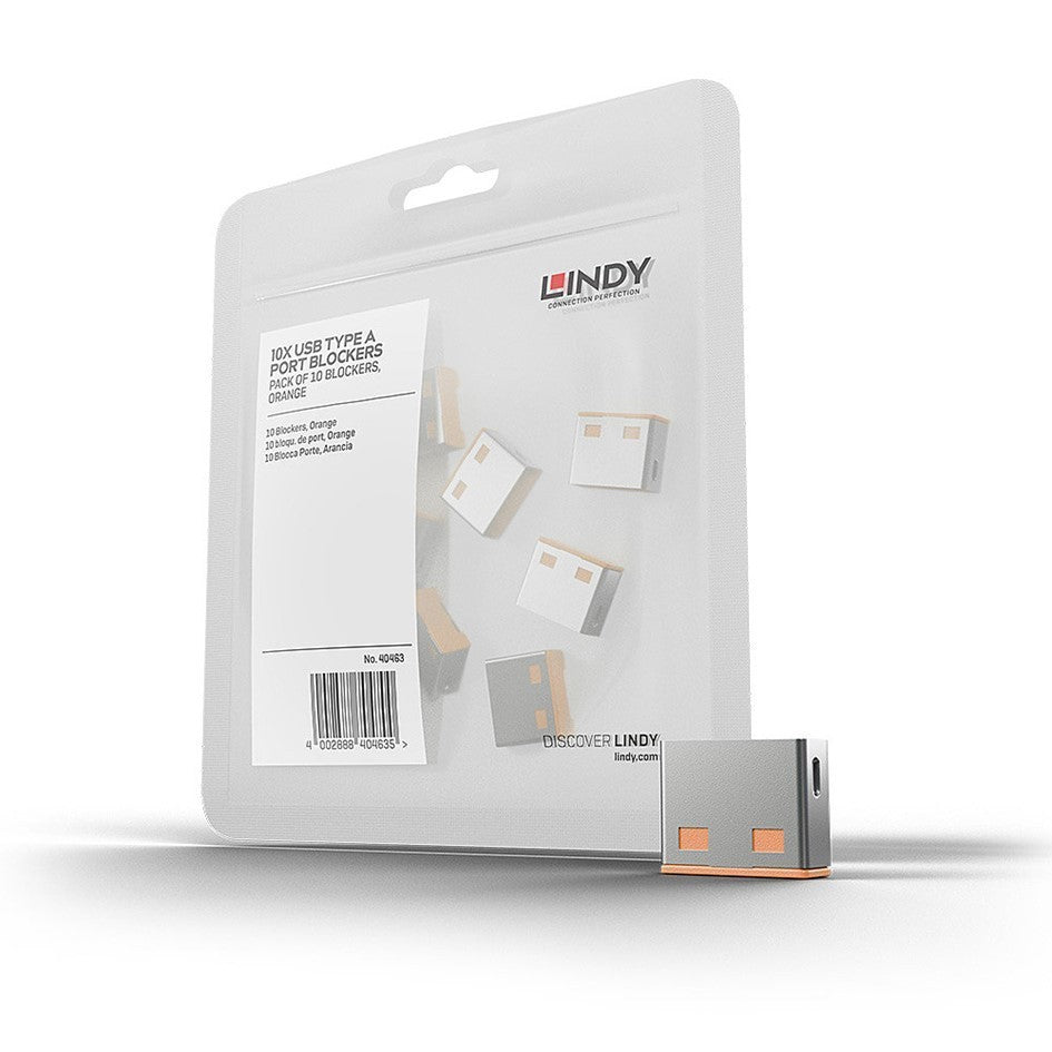 Lindy USB A Port Blocker Lock Orange 40463 (10 Pack) USB Security Port Cover