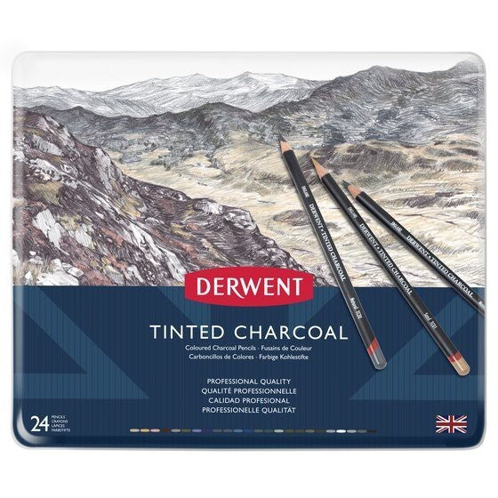 Derwent Tinted Charcoal Pencils Tin (24 Colours) – Charcoal with Blendable Subtle Colour