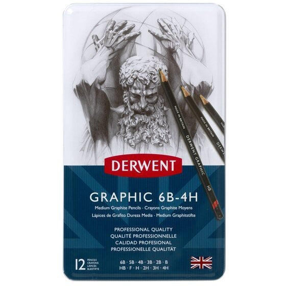 Derwent Graphic Medium Pencil Set 12pc 6B to 4H - Drawing & Sketching Versatile Set