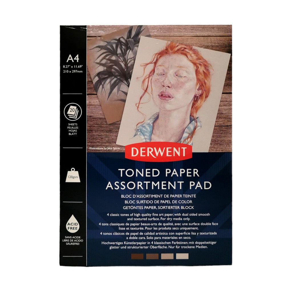 Derwent Toned Paper Pad A4 120gsm 20 Sheets - 4 Mid-Tone Colour Papers