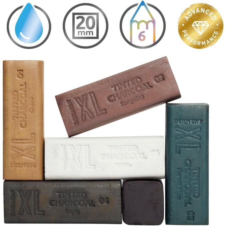 Derwent XL Charcoal 6-Colour Tin Set - Water-Soluble Blocks Large Surface Coverage