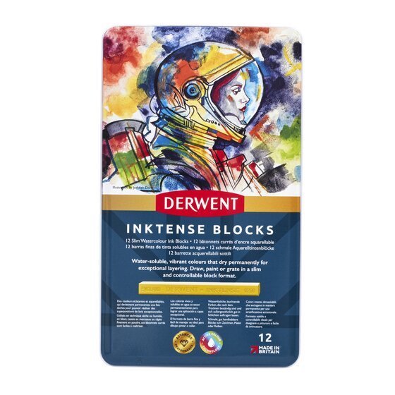 Derwent Inktense Blocks Tin (12 Colours) – Water-Soluble Ink Blocks Bold Colour Laydown