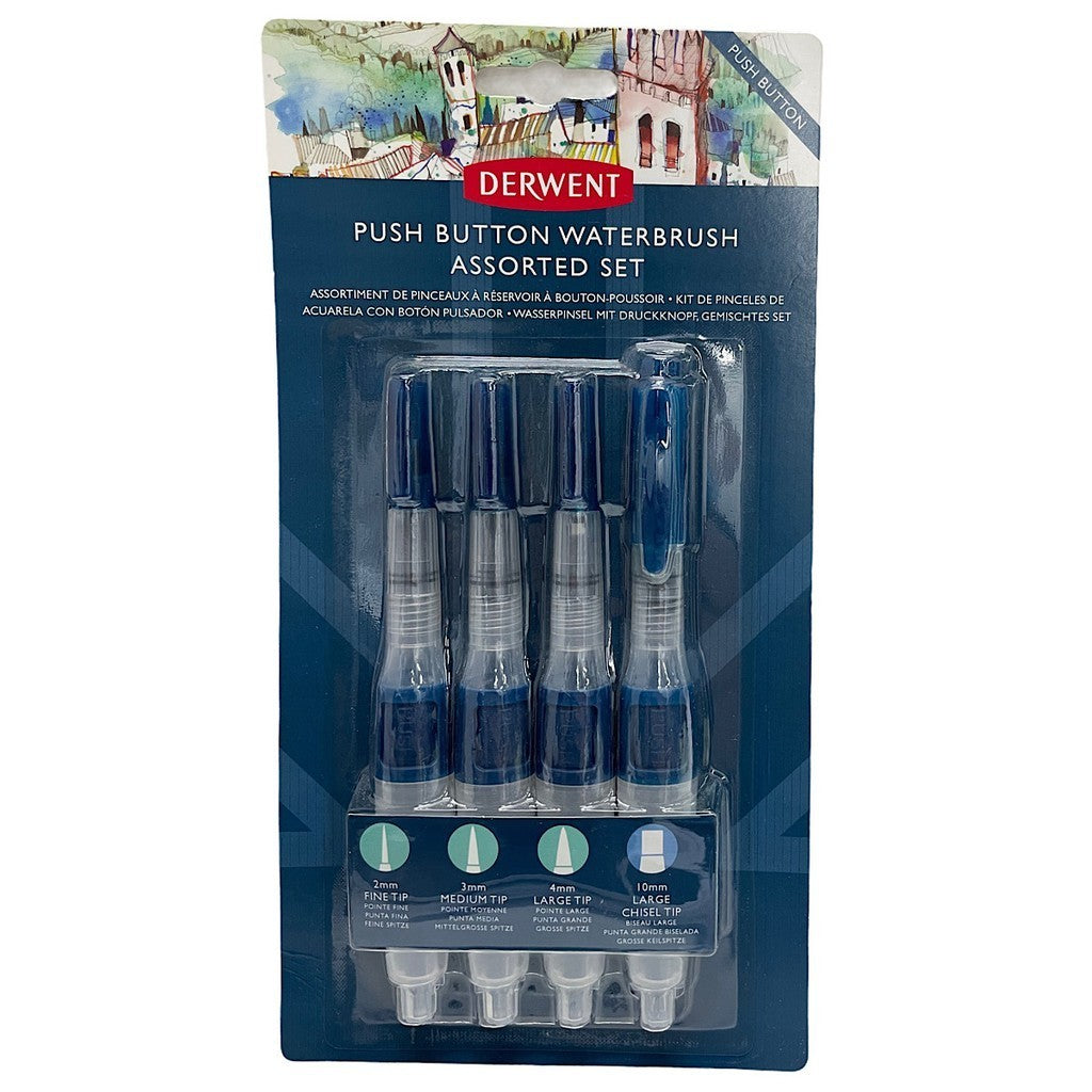 Derwent Push Button Waterbrush Set 4pc Assorted Tips - Portable Easy to Carry Lightweight