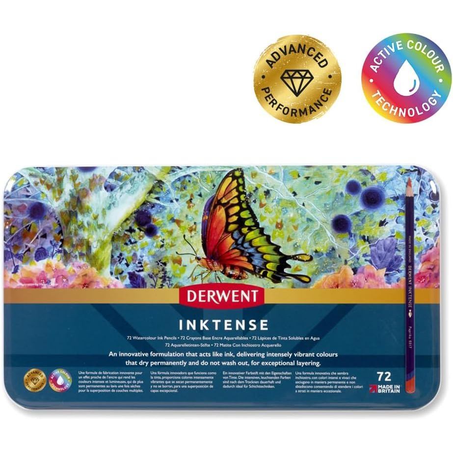 Derwent Inktense Colour Pencils Tin (72 Colours) Ink-Like Water-Soluble Pencils