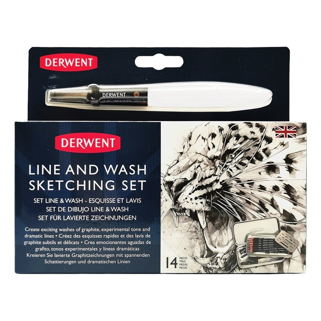 Derwent Line & Wash Sketching Set 14pc Graphic Pencils - Portable Lightweight Silver Tin