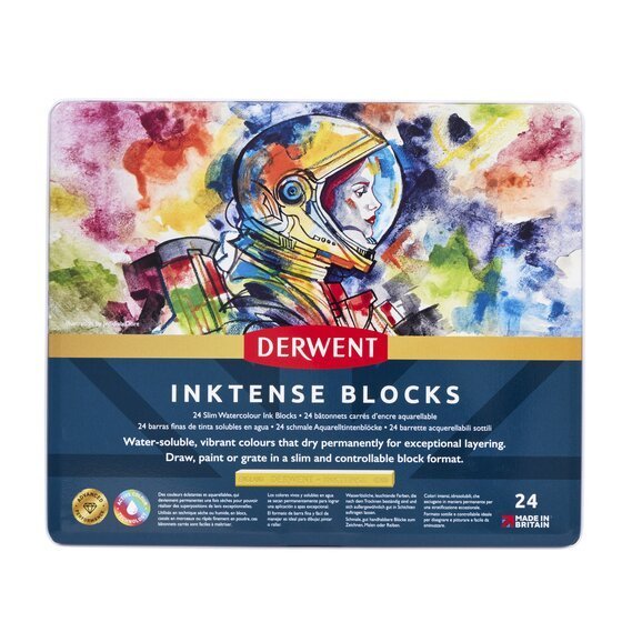 Derwent Inktense Blocks Tin (24 Colours) – Water-Soluble Ink Blocks Easy to Use