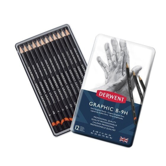 Derwent Graphic Pencil Set (12pcs Hard Grades) – 9H to B Technical Drawing & Sketching