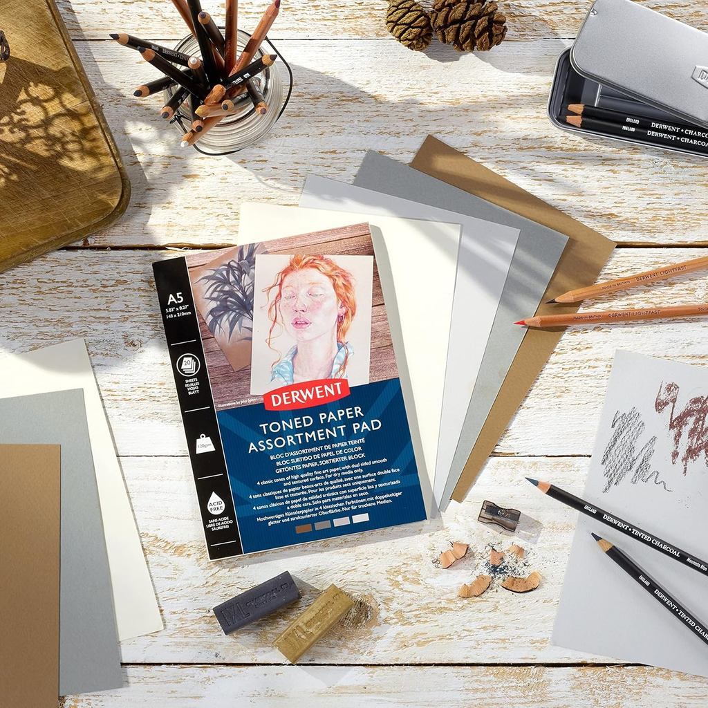 Derwent Toned Paper Pad A4 120gsm 20 Sheets - 4 Mid-Tone Colour Papers