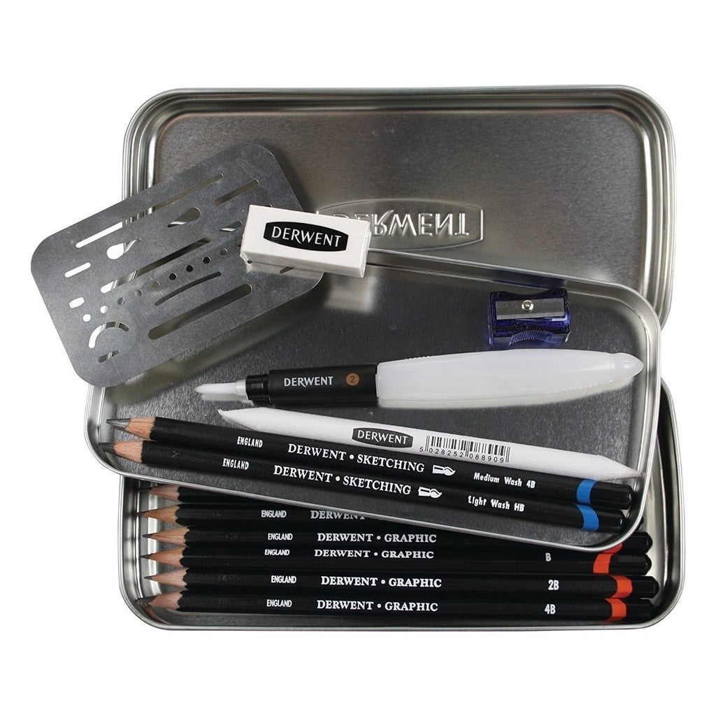 Derwent Line & Wash Sketching Set 14pc Graphic Pencils - Portable Lightweight Silver Tin