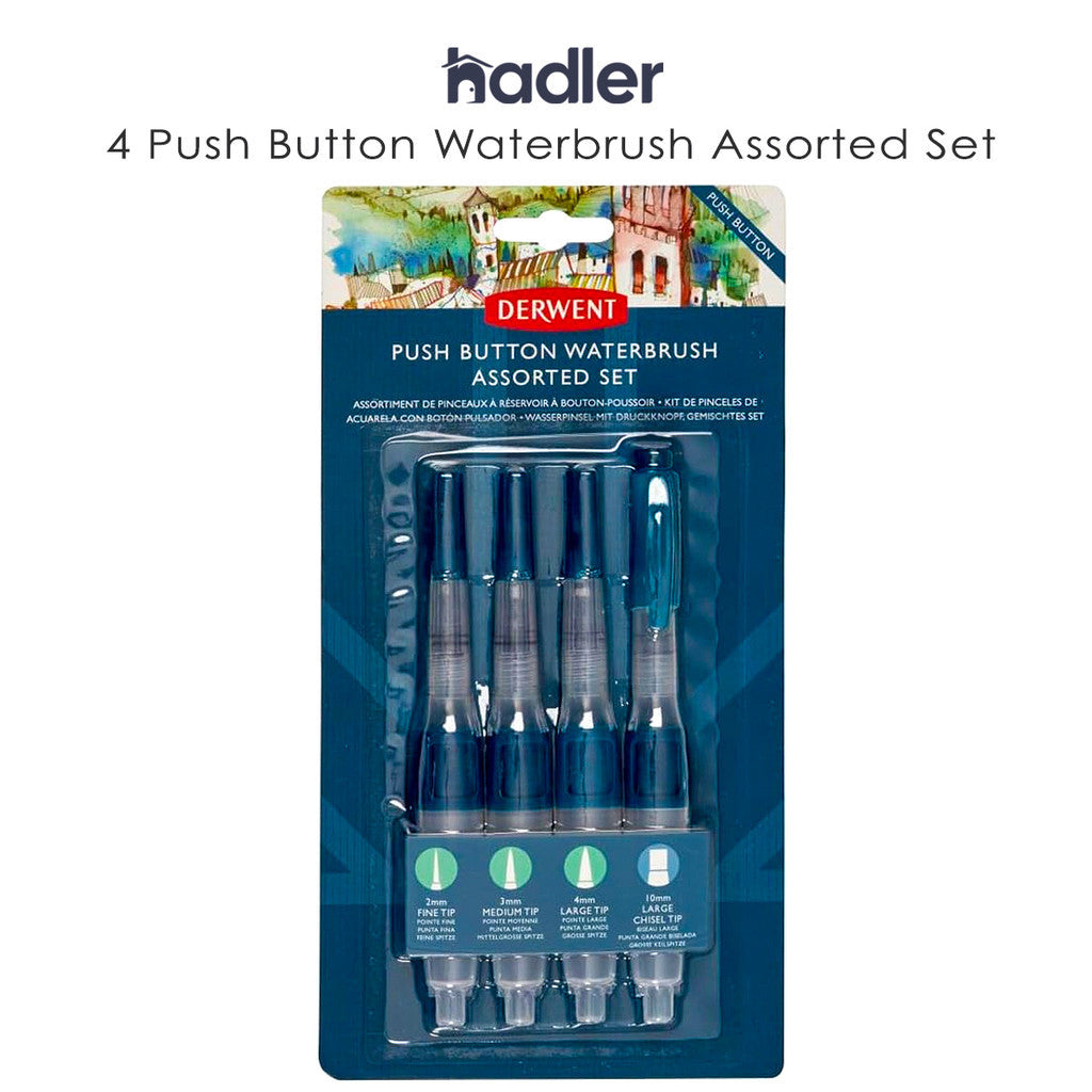 Derwent Push Button Waterbrush Set 4pc Assorted Tips - Portable Easy to Carry Lightweight
