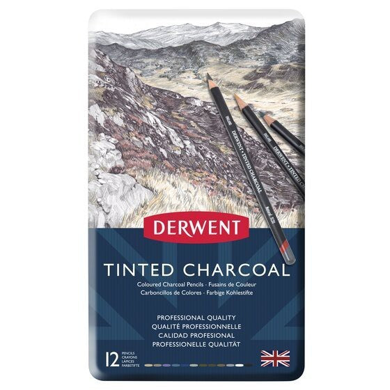 Derwent Tinted Charcoal Pencils Tin (12 Colours) Charcoal with Subtle Blendable Colour