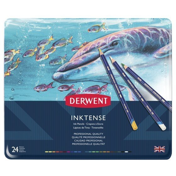 Derwent Inktense Colour Pencils Tin (24 Colours) Ink-Like Water-Soluble Pencils