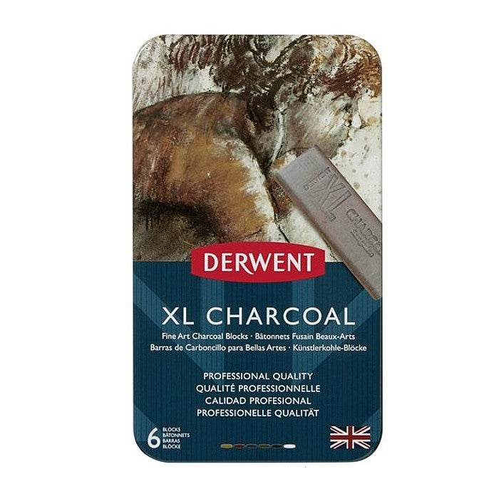 Derwent XL Charcoal 6-Colour Tin Set - Water-Soluble Blocks Large Surface Coverage