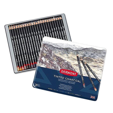 Derwent Tinted Charcoal Pencils Tin (24 Colours) – Charcoal with Blendable Subtle Colour