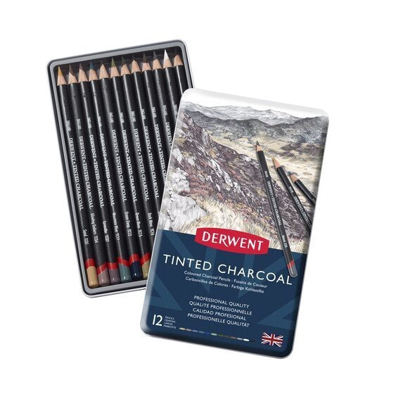 Derwent Tinted Charcoal Pencils Tin (12 Colours) Charcoal with Subtle Blendable Colour