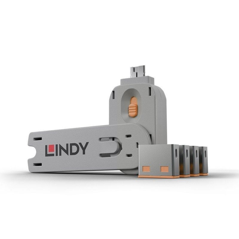 Lindy USB A Port Blocker Orange 40453 (4 Pack + 1 Key) USB Security Lock