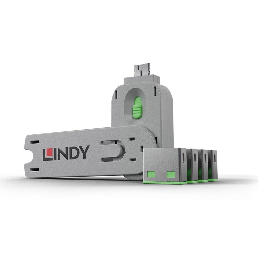 Lindy USB A Port Blocker Green 40451 (4 Pack + 1 Key) USB Security Lock System