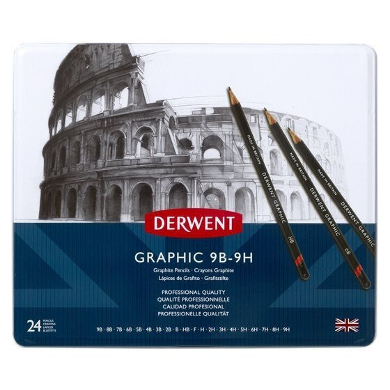 Derwent Graphic Full Set Graphite Pencils 24pc 9B to 9H - Made in UK Wide Range