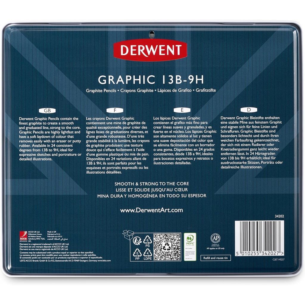 Derwent Graphic Full Set Graphite Pencils 24pc 9B to 9H - Made in UK Wide Range