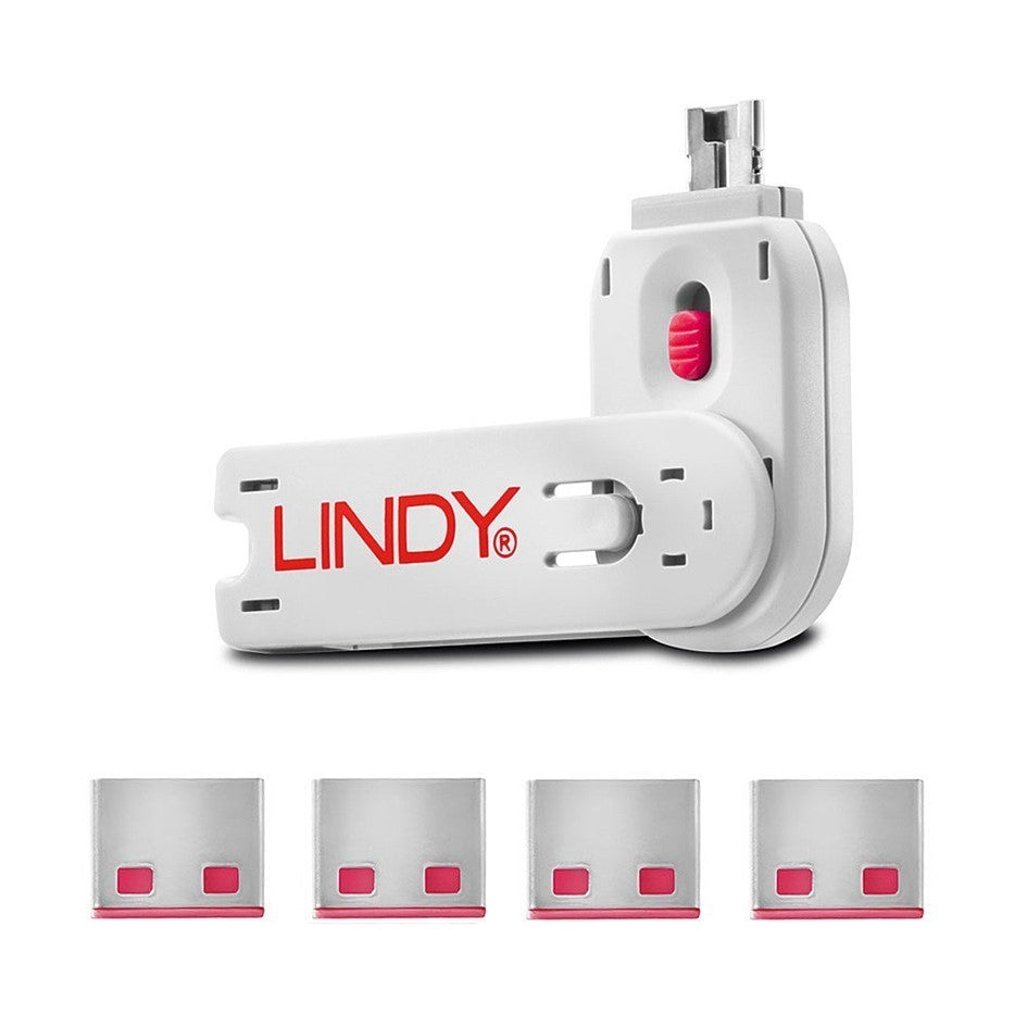 Lindy USB A Port Blocker Lock Pink 40450 (4 Locks + 1 Key) USB Security Kit