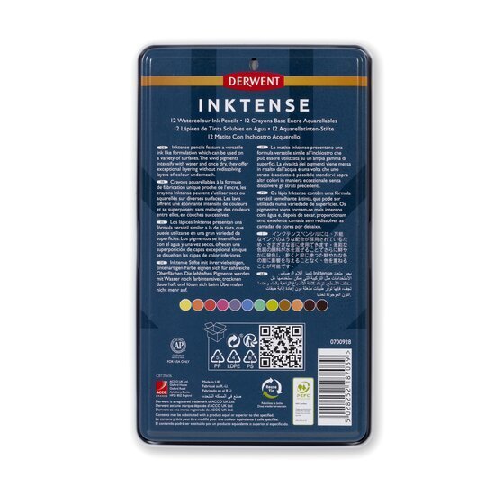 Derwent Inktense Colour Pencils Tin (12 Colours) Ink-Like Water-Soluble Pencils