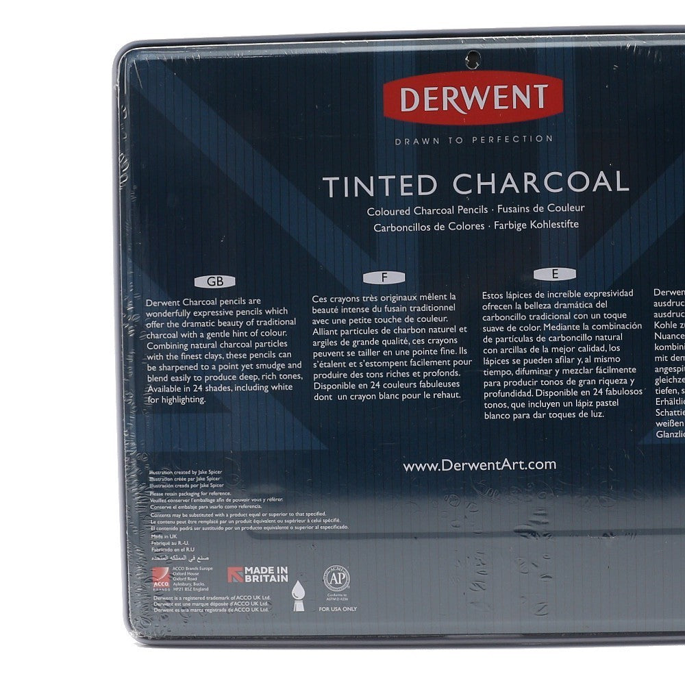 Derwent Tinted Charcoal Pencils Tin (24 Colours) – Charcoal with Blendable Subtle Colour
